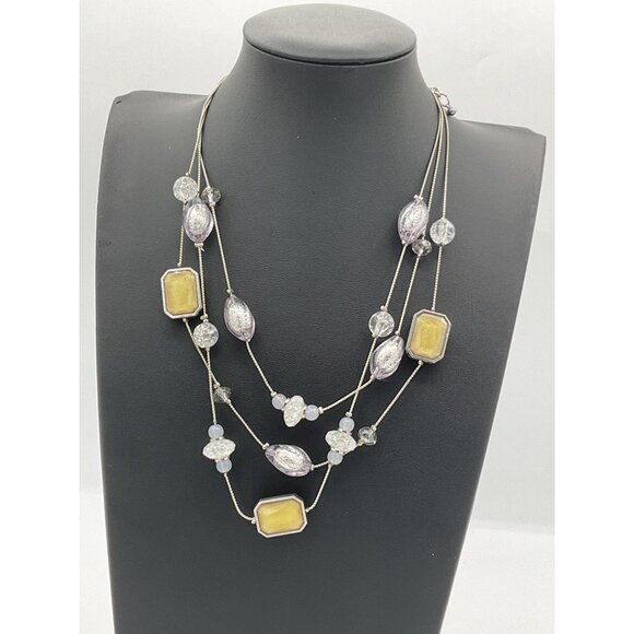 NY Multi Strand Necklace With Yellow Geometric Pendants & Crackle Beads - Picture 1 of 4